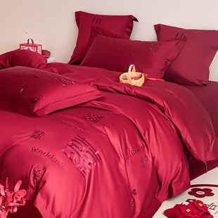 中式160支纯棉婚庆四件套全棉结婚房喜字被套床笠款红色新婚床品