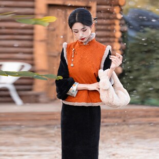 【10/31 20点 新品7折】黑色旗袍马甲套装2024冬季新款新中式国风