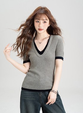 韩系休闲撞色假两件针织短袖T恤女2025夏季新款V领设计感百搭上衣
