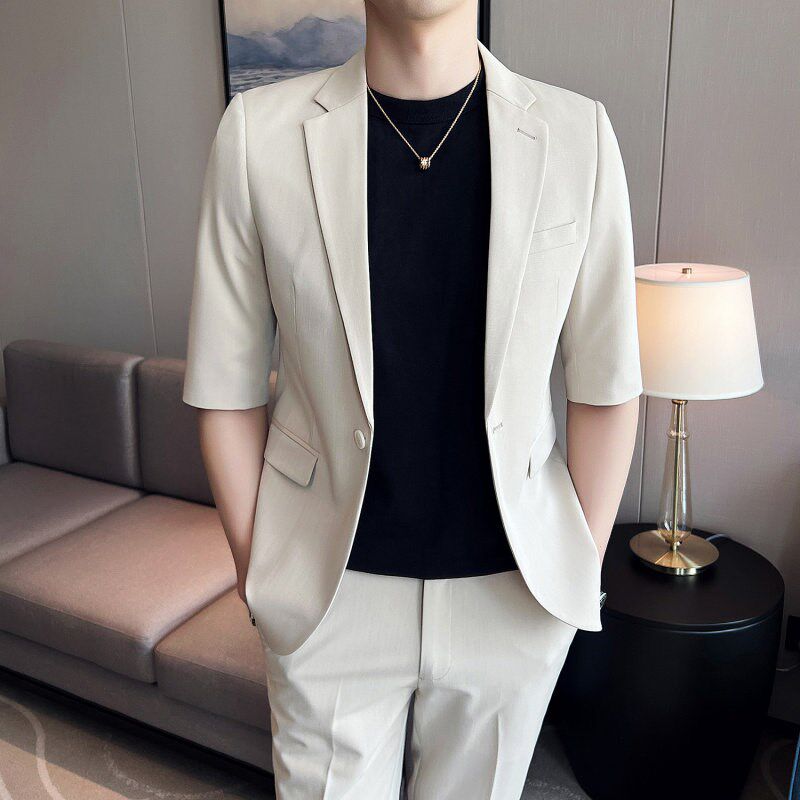 夏季新款潮流七分袖修身绿色西装男套装帅气青年韩版休闲西服男