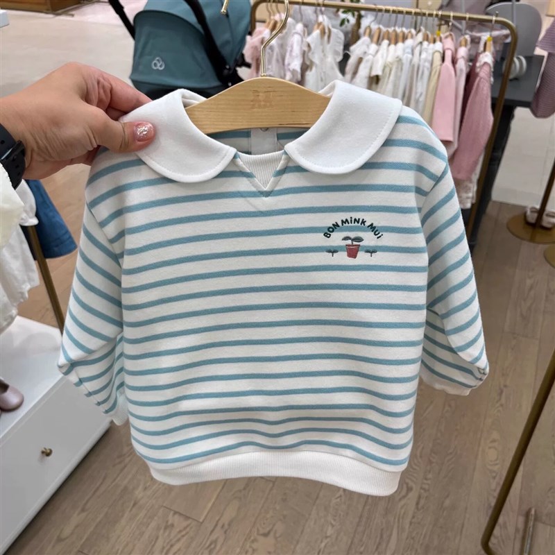 韩国童装 25春秋新款男女童宝洋气百搭翻领长袖T恤卫衣条纹上衣