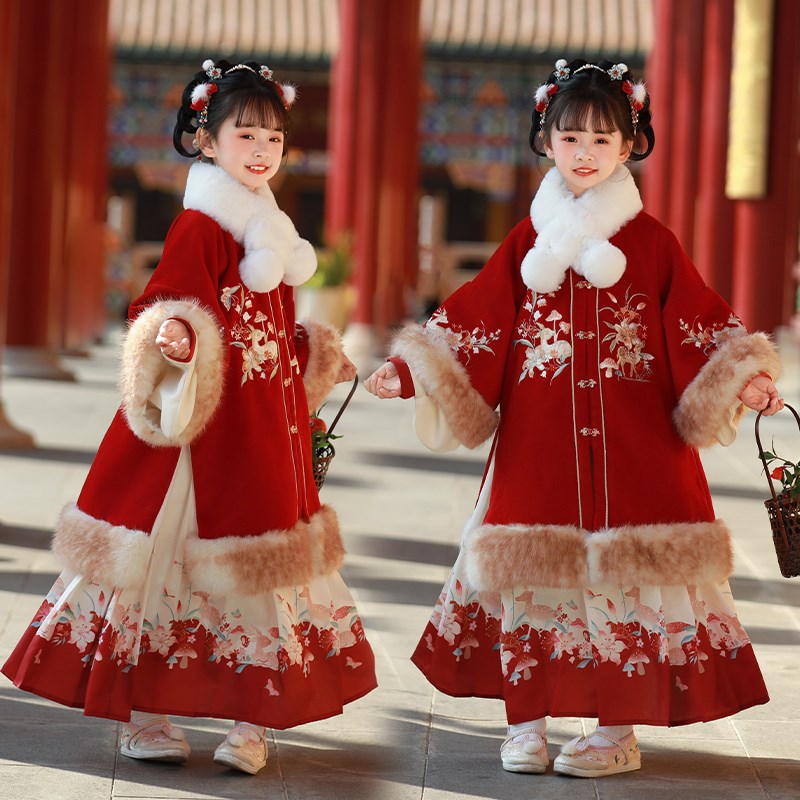 汉服女童冬装宝宝中国风重工喜庆套装女孩古装儿童红色唐装拜年服