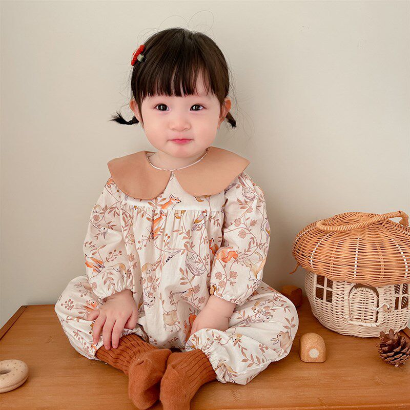 韩版婴儿衣服秋装女宝宝公主碎花连身衣长袖长裤包屁衣哈衣爬服薄