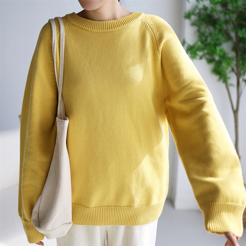 插肩袖 100%纯棉全棉线 线 毛衣女宽松套头圆领秋冬季针织衫内搭
