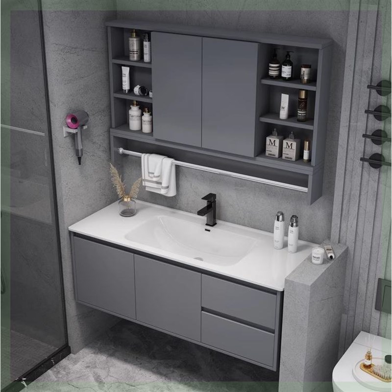 折叠风水镜柜75/85/95/105/115陶瓷一体盆洗脸盆浴室柜组合