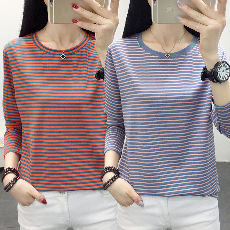 条纹大码宽松显瘦长袖T恤女装春季小衫胖mm遮肚子打底衫洋气上衣