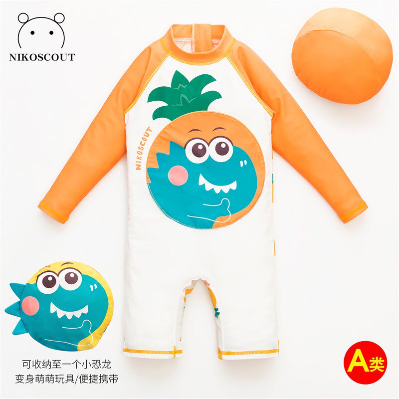 儿童泳衣男童长袖连体防晒游泳衣女童宝宝速干夏小孩沙滩恐龙泳装