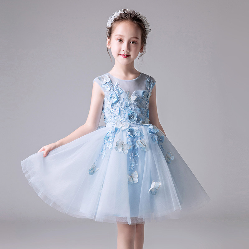 儿童礼服蓝色公主裙女童生日无袖高端小花童主持人钢琴演出服夏季