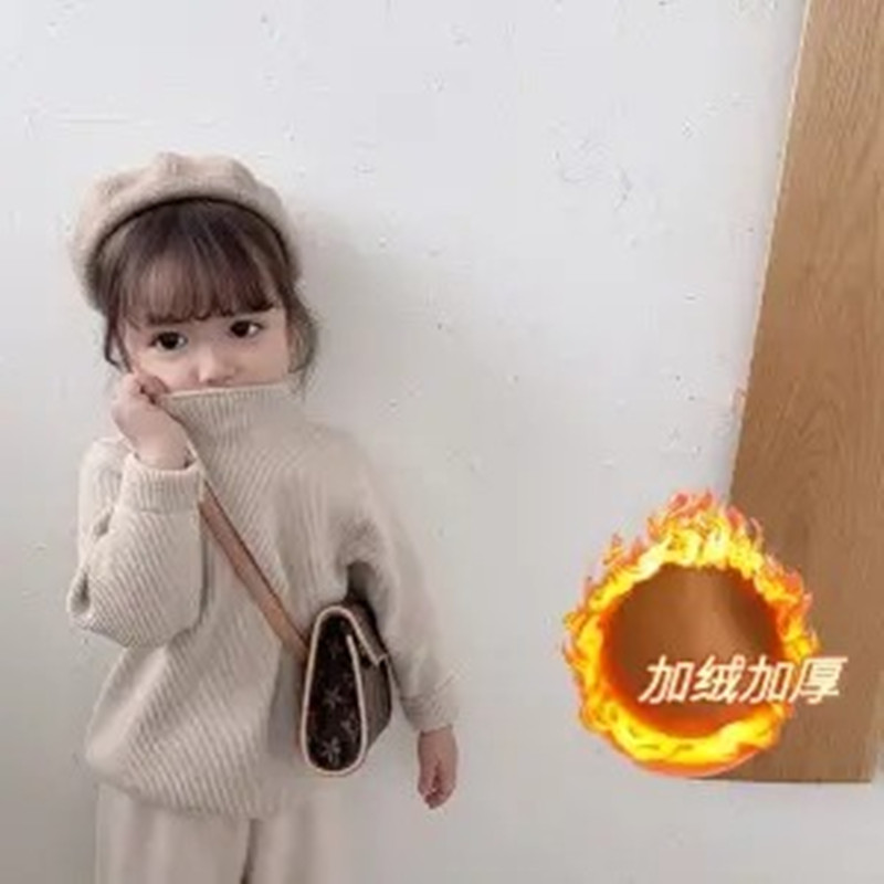 女童加绒毛衣2023秋冬装新款儿童半高领针织打底衫宝宝韩版洋派潮