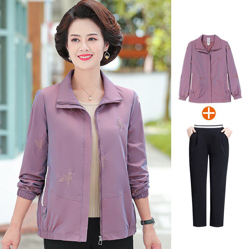 中年妈妈秋装外套洋气上衣2024新款中老年女装春秋夹克衫短款风衣