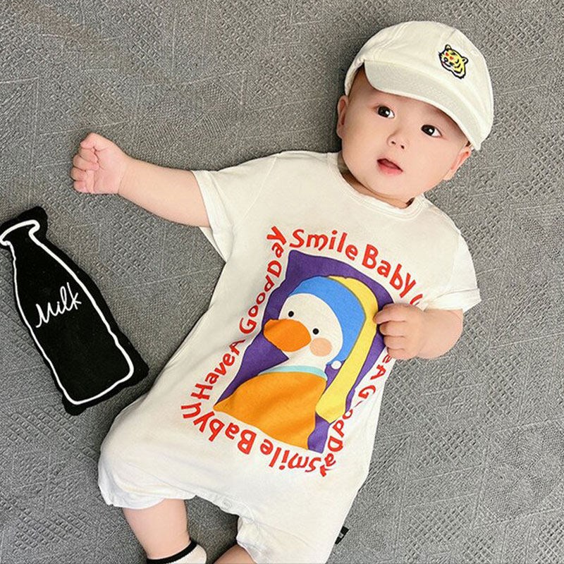 宝宝夏季薄款夏装哈衣爬服时尚卡通鸭纯棉短袖幼儿可爱连体衣婴儿