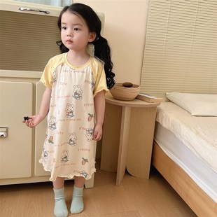 A类女童睡裙夏季纯棉薄款2024新款女宝公主短袖睡衣小女孩家居服