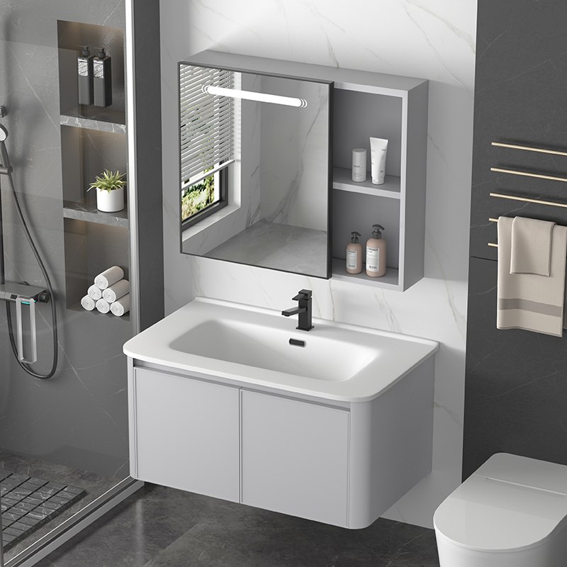 简约卫生间圆弧形洗手柜洗漱台洗脸陶瓷一体盆智能浴室柜镜柜组合