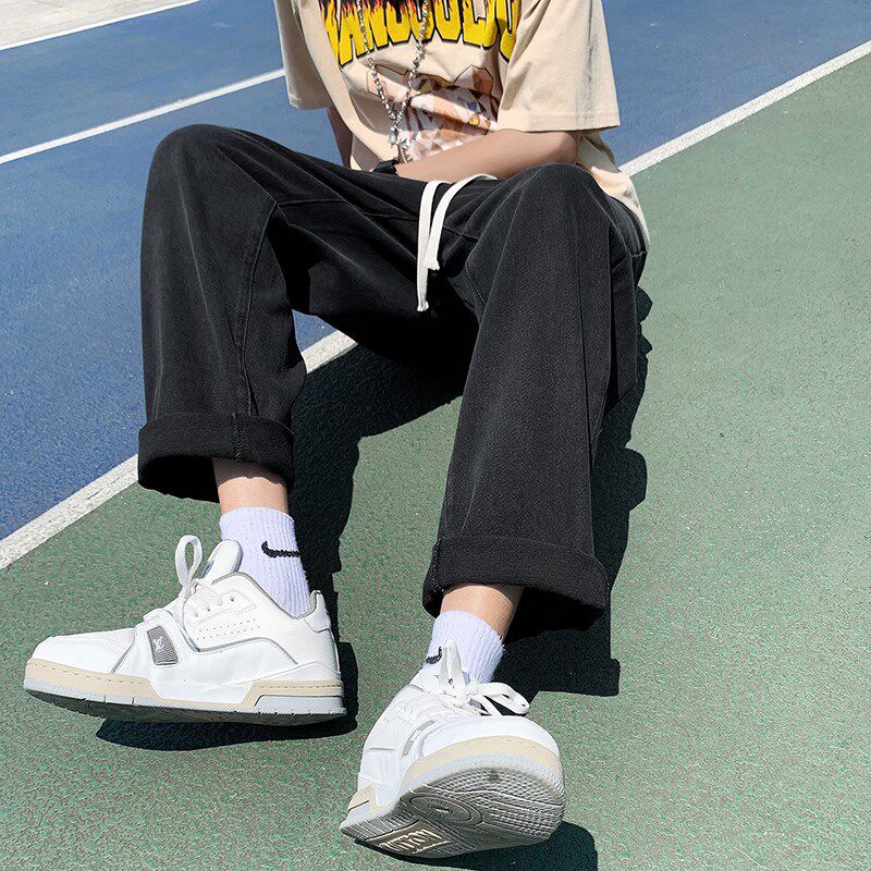 春秋款黑色牛仔裤男宽松韩版潮流百搭港风九分长裤子直筒阔腿裤男