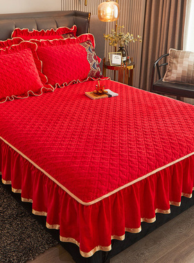 冬季大红色水晶绒夹棉床笠单件带裙边加绒床罩床围保护套全包防滑