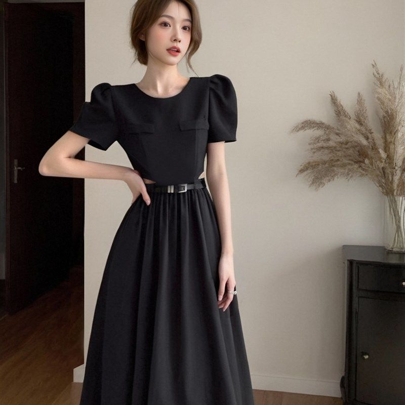 法式赫本风气质连衣裙女装2024夏季新款泡泡袖显瘦收腰长裙子1588