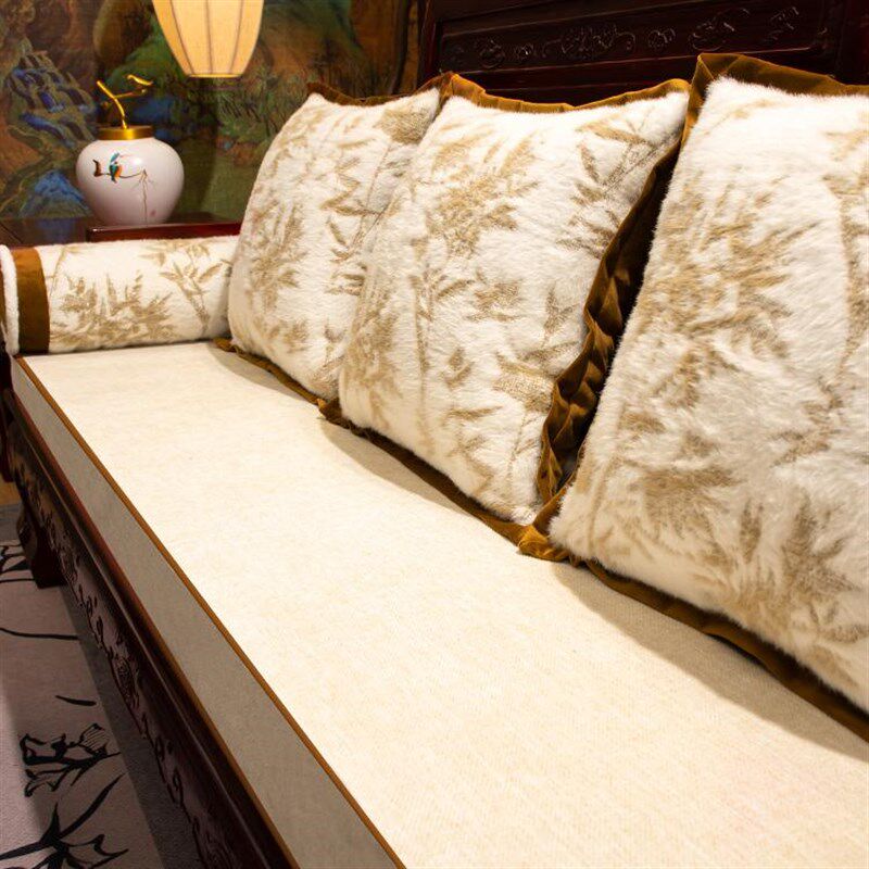 新中式红木沙发坐垫冬季毛绒实木罗汉床垫五件套中式加厚乳胶垫子