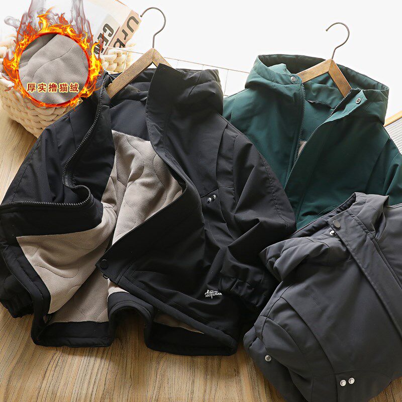 男童户外夹棉冲锋衣外套2025新儿童压风连帽上衣工装加绒风衣夹克