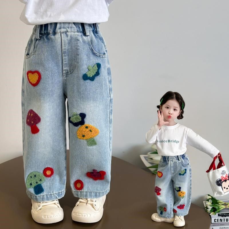 女童春款阔腿牛仔裤2025新款洋气儿童女孩春秋韩版蘑菇刺绣直筒裤
