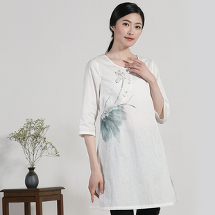 改良唐装女装中国风棉麻中长袖白色春夏复古中长款茶人服