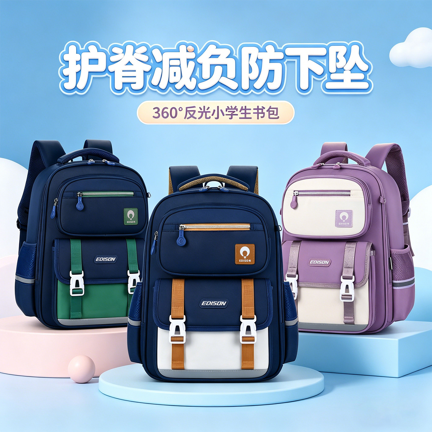 爱迪生小学生书包减负护脊防下坠1-6年级校园背包反光儿童双肩包