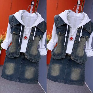 网红时尚套装2025春秋新t款牛仔裙休闲马甲气质时尚遮肉显瘦两件