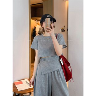 爱情魔鬼b鱼 灰色套装女2025年夏季新款短款T恤设计感阔腿裤两件