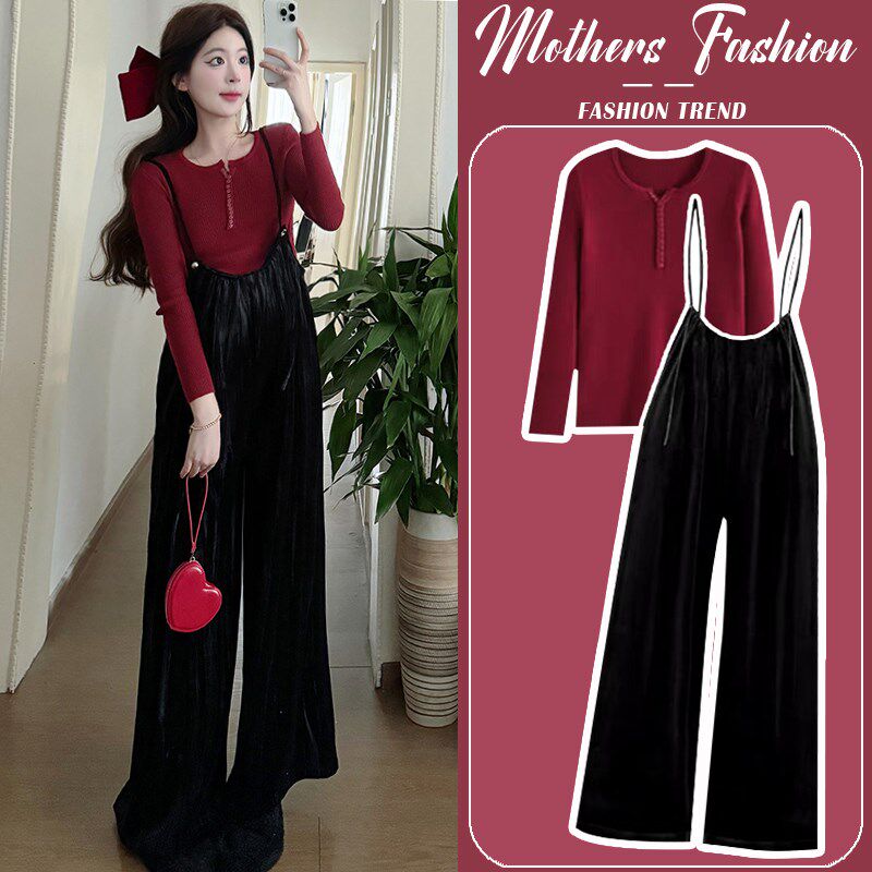 孕妇套装春秋2025新款黑色韩版C时尚宽松丝绒背带裤打底衫两件套