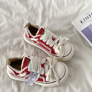 喜叔红色小众设计感厚底板鞋女2025新款春秋百R搭大头鞋帆布小白