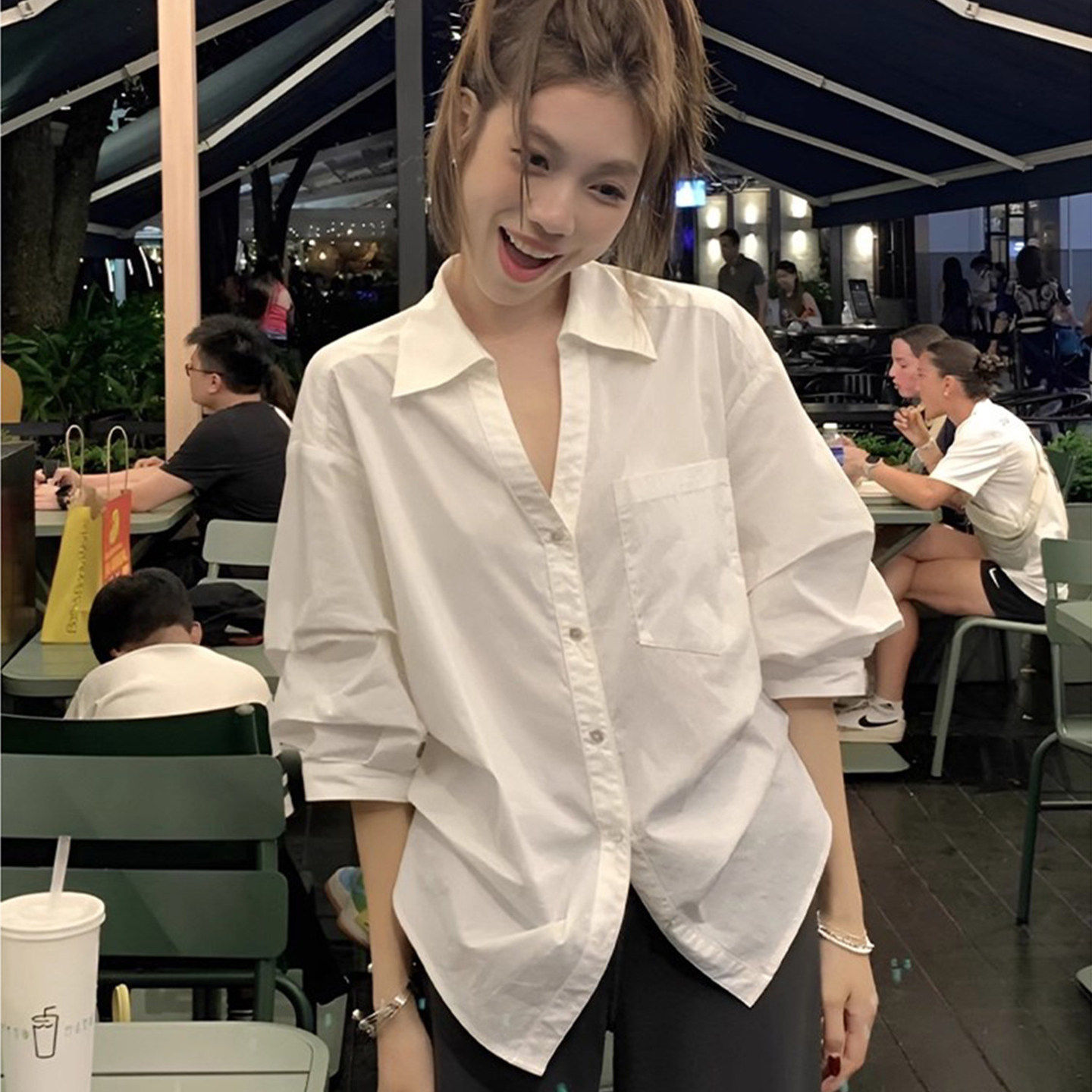 春季韩版宽松V领白色衬衫女半袖收腰显瘦不规则小众上衣高级衬衣