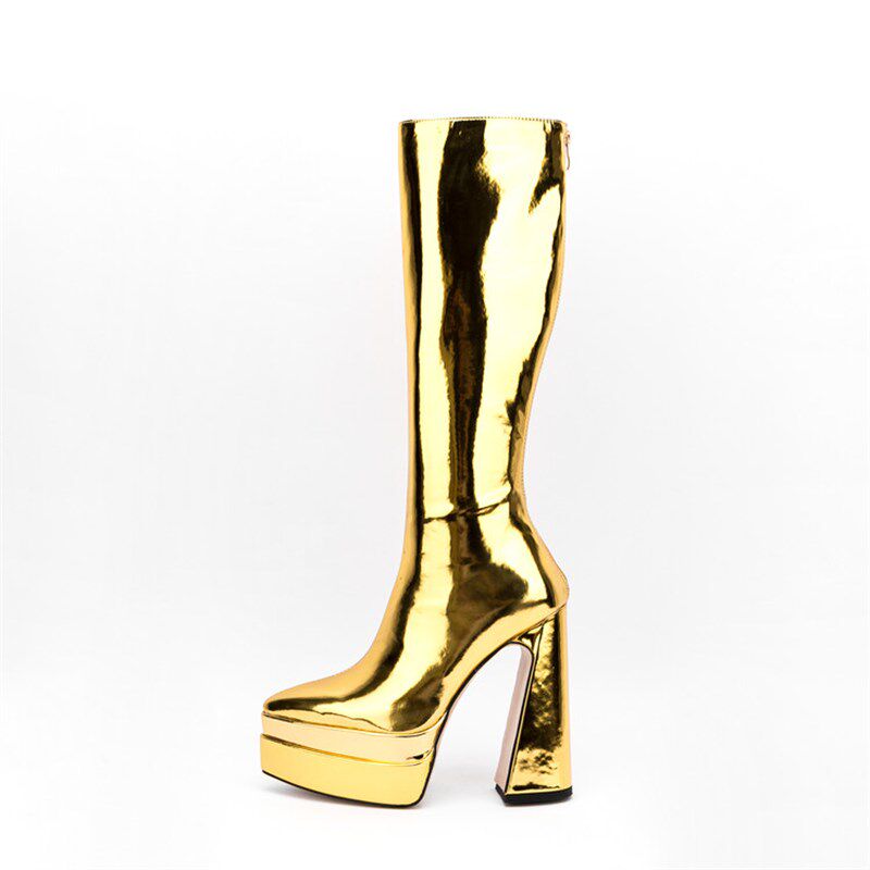 春秋高跟防水台高筒m靴粗跟尖头及膝靴金色银色亮漆皮女鞋走秀长