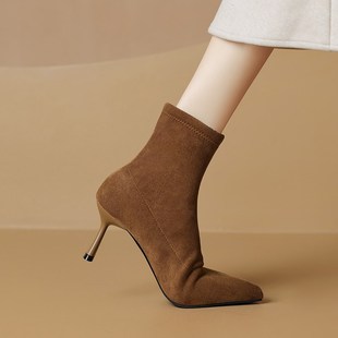尖头细跟短靴女2024新款秋冬5cm低跟瘦瘦靴O法式显瘦绒面高跟靴子