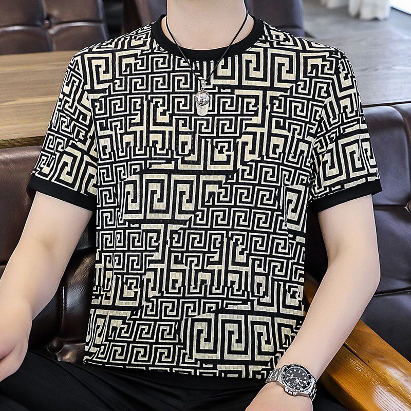 男人t恤短袖夏季高端透气下摆收口镂空冰丝圆领体恤花色半袖上衣