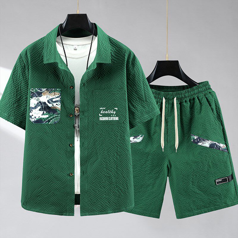350斤大码衬衣短袖套装男夏季新款帅气潮流宽松衬衫加肥加大短裤