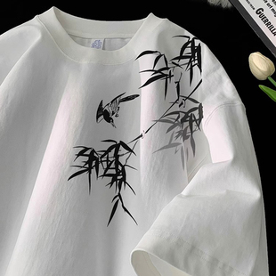特大码300斤新中式印花短袖t恤男女装夏季国潮牌纯棉情侣上衣宽松
