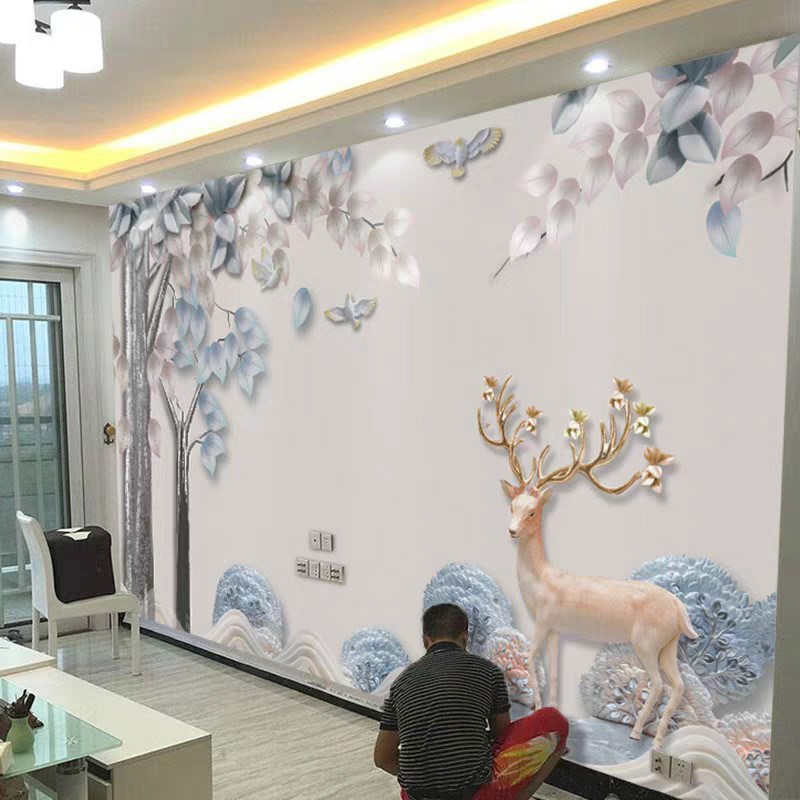 新款18d麋鹿电视背景墙壁纸客厅沙发背I景壁画8d立体大气壁布家用