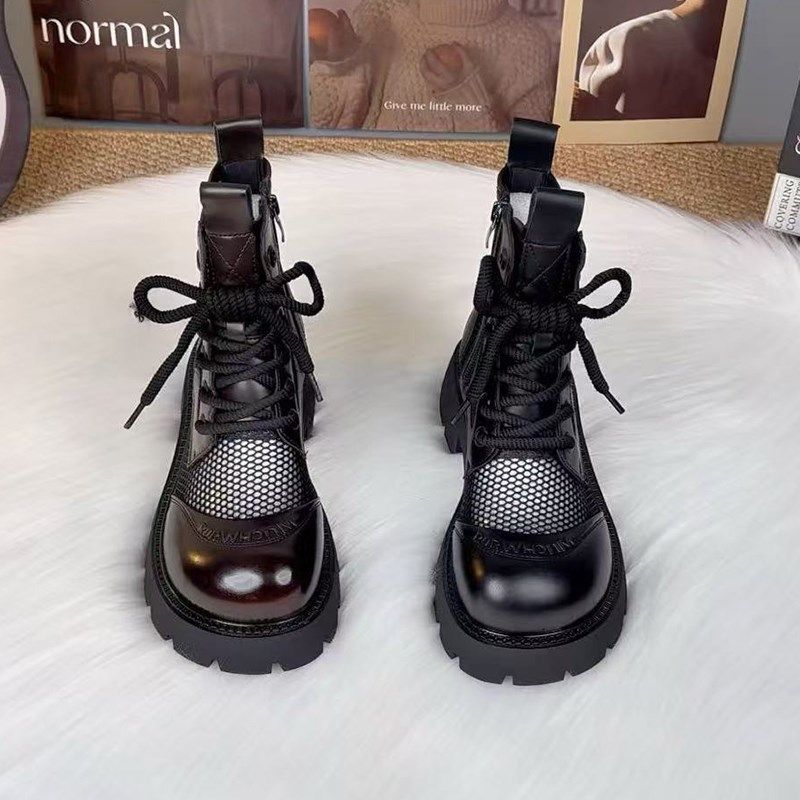 真皮网面透气马丁靴女款2025新款春夏薄款网靴镂空平底短靴女凉靴
