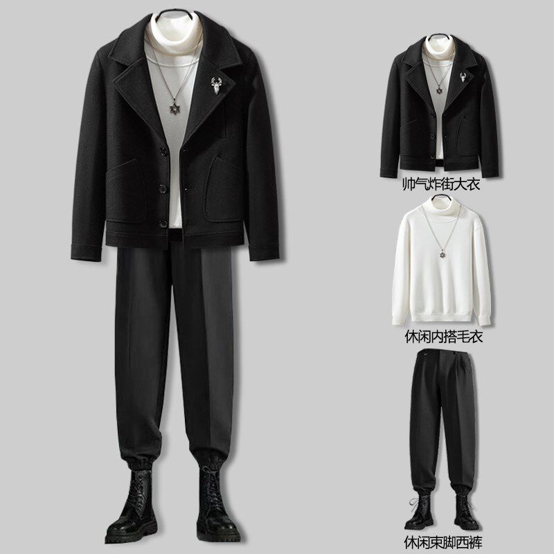 毛呢外套男秋冬季套装男潮流2024新款小个子夹克男士短款呢子大衣