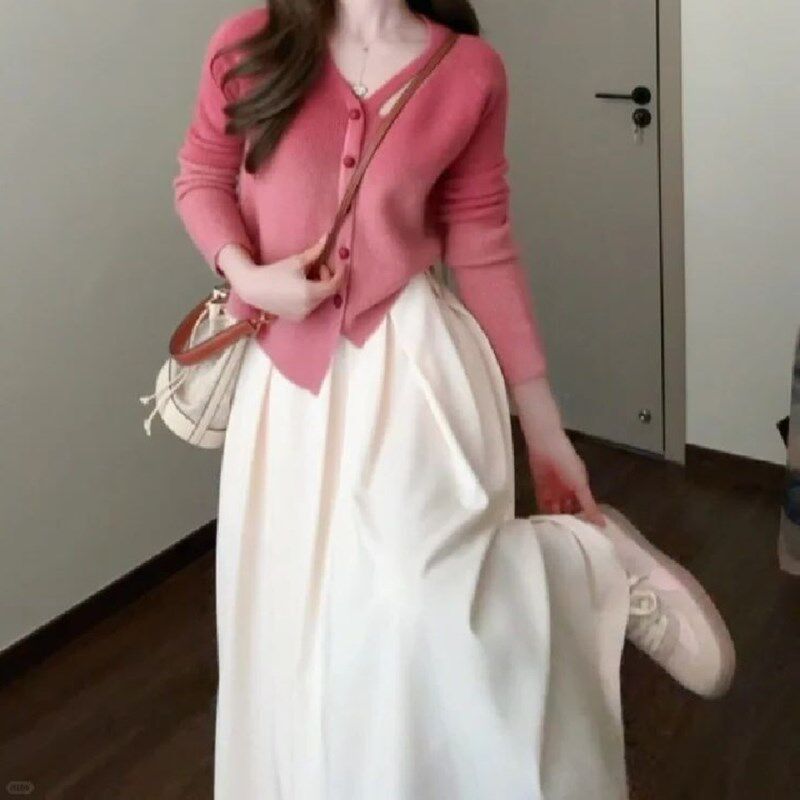 大码胖mm甜美温柔风渐变粉红色针织衫毛衣半身裙女早秋气质两件套