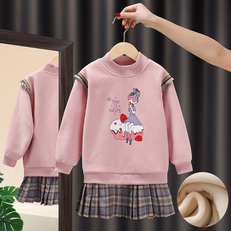 女童加绒加厚卫衣中长款冬季洋气拼接格子裙假两件儿童女孩连衣裙