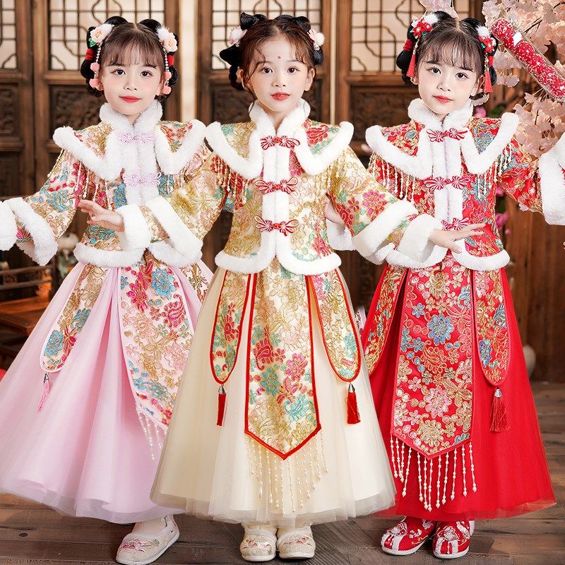 汉服女童秋冬加绒加厚唐装女宝中国风旗袍礼服冬季拜年服儿童古装