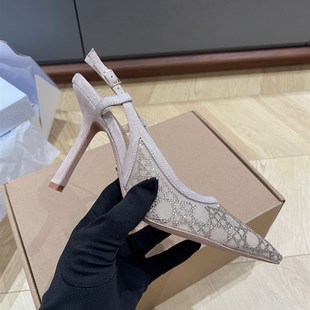高定2025春秋新水钻单鞋女宴会高级细跟中跟气质网纱包头法式凉鞋