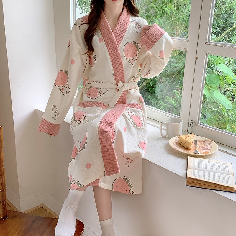 空气棉睡袍女士秋冬季p长袖系带睡裙中长款加厚浴袍睡衣孕妇家居