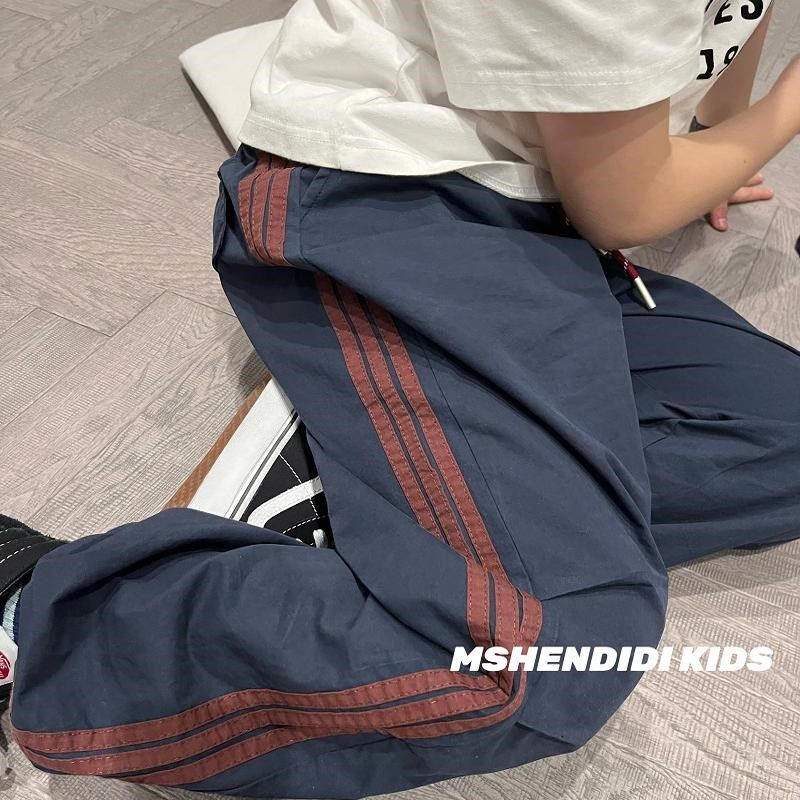 夏天可穿春秋季运动学院风条纹拼接冲锋裤儿童男女童机能阔腿长裤