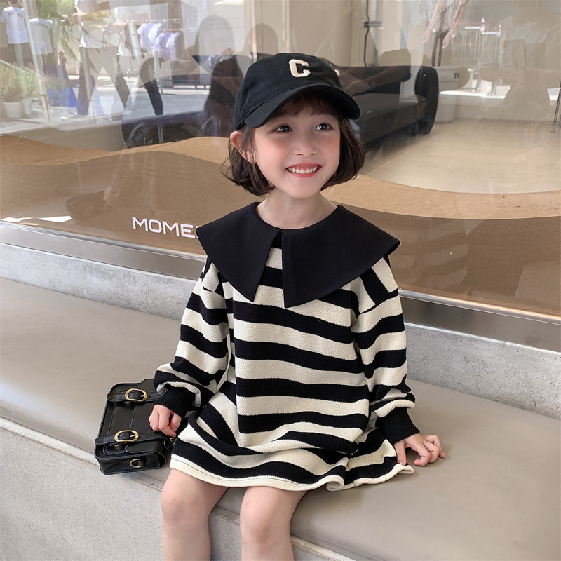 女童连衣裙秋装2023新款小女孩洋气韩版条纹翻领儿童春秋长袖裙子