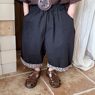 暮晨家新款夏装2024男童豹纹拼接棉布短裤中小童森系洋气七分裤薄