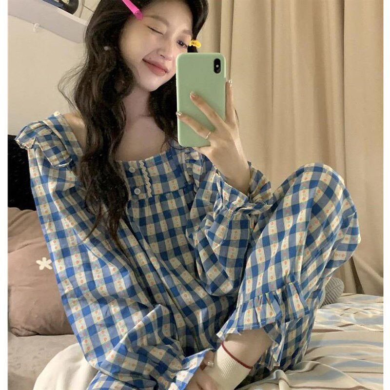 2025新款春秋k季睡裙少女简约蓝色显白棉麻睡衣女长袖家居服套装
