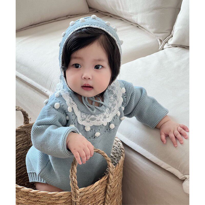 2024春秋婴儿花边领手工针织长袖连体哈衣女宝宝毛线包屁衣+帽子