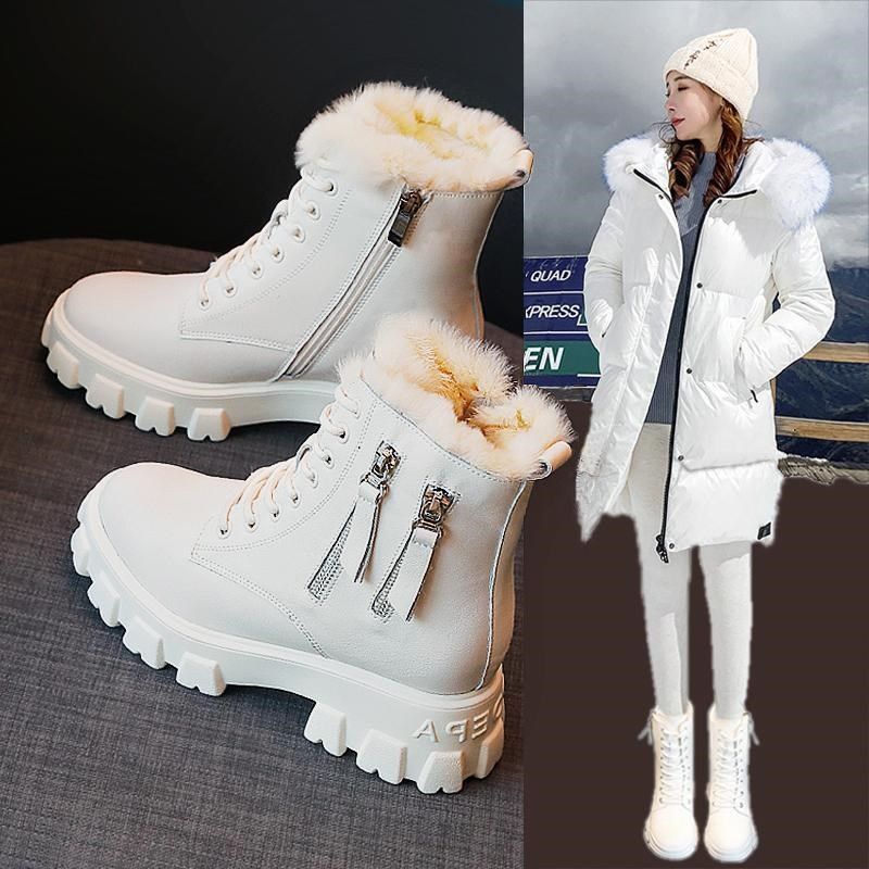 真皮雪地靴女鞋2024新款加绒内增高加厚底马丁靴冬季白色大棉鞋子