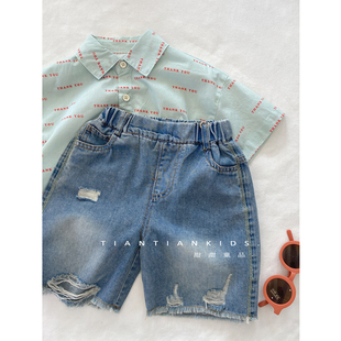 【我是小童】韩版休闲牛仔短裤男童24夏款女宝透气破洞五分裤中裤